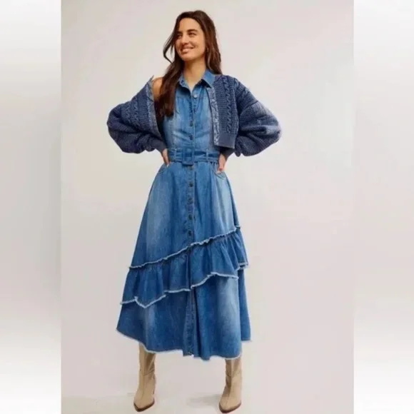 Free People Beau Midi Dress Cotton Denim sz S - Picture 2 of 8